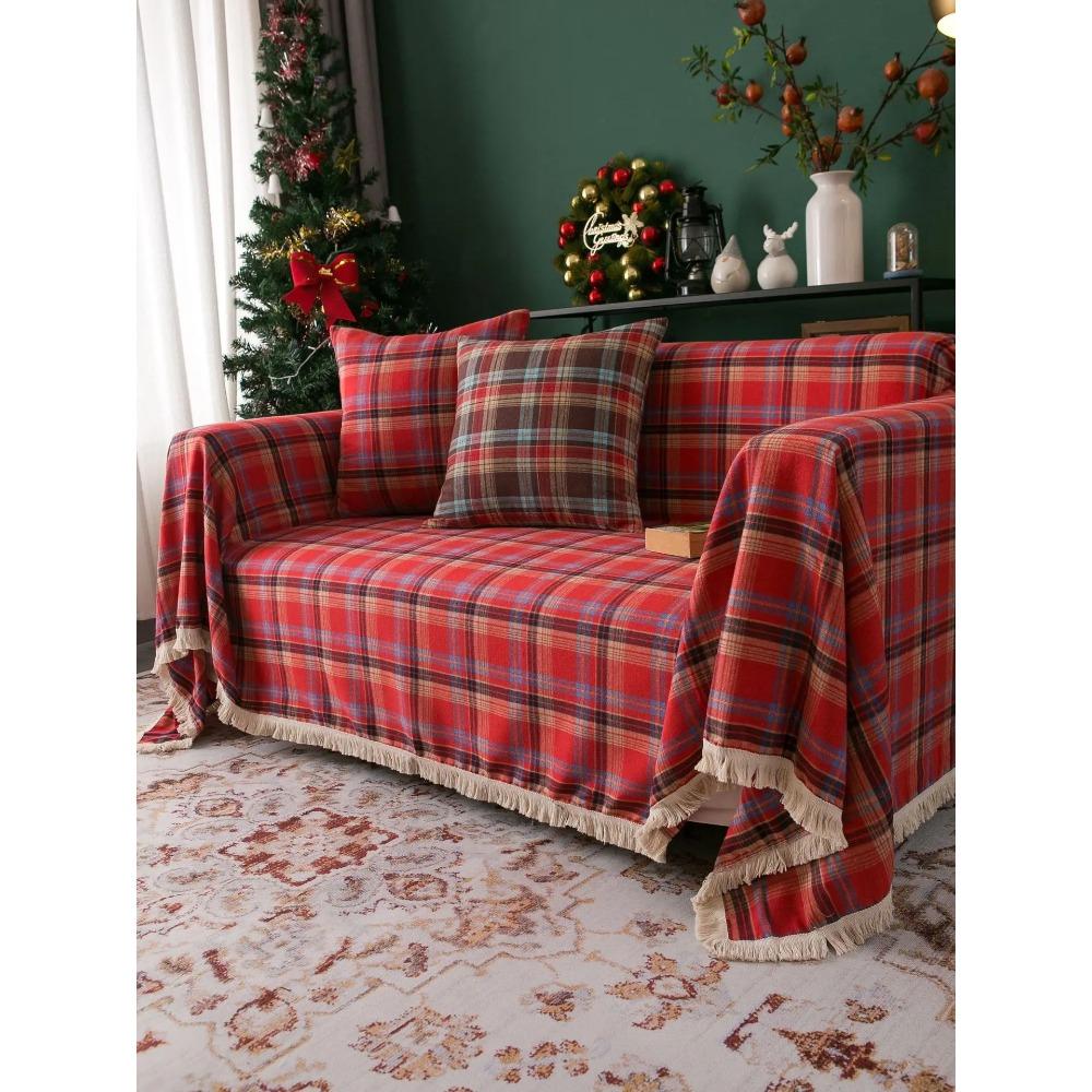 Tassel Christmas Sofa Cover, Universal Breathable Lightweight Farmhouse Bedcover for Pets Kids Couch Living Room Home Decoration