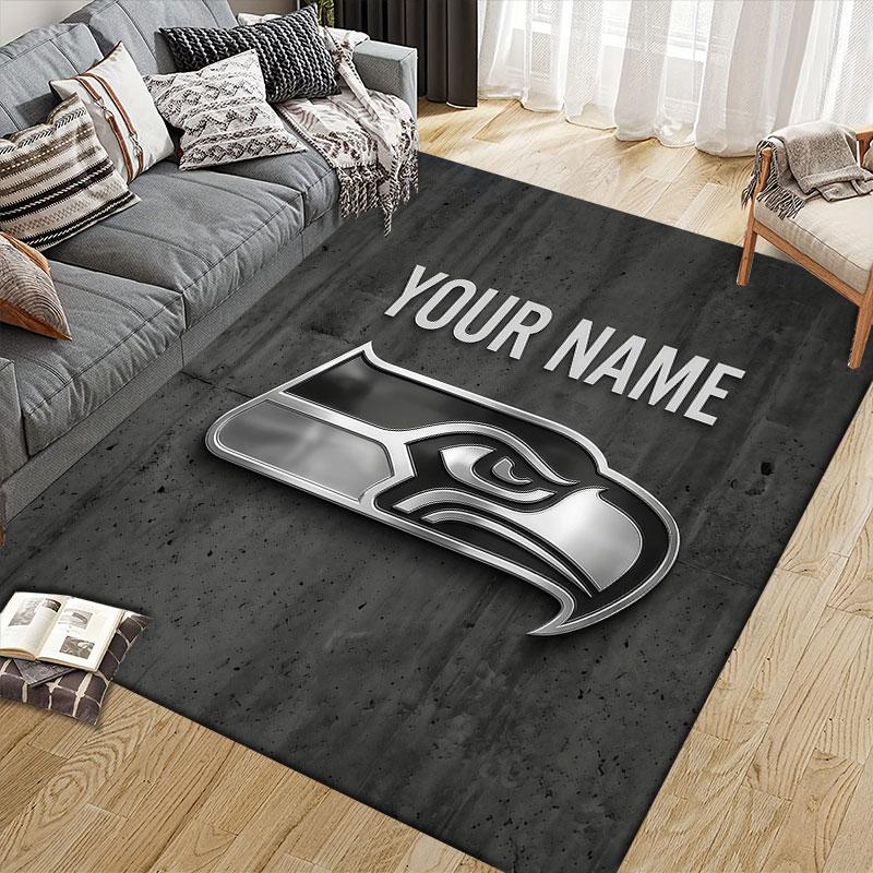 Custom Name,Seattle Seahawks Home Sofa Decoration for Living Room & Bedroom, Non‑Slip Play Flannel Floor Mat for Game Room