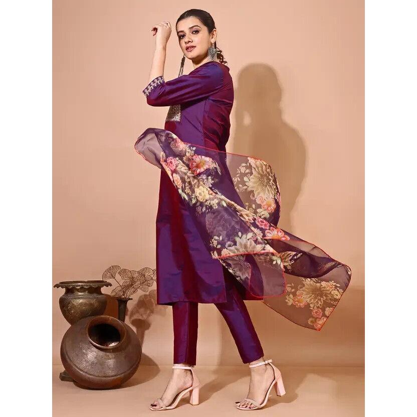 Indische Damen Kunstseide Kurta Hose Dupatta Set Bollywood Partykleidung Tunika Kurti VF-20147