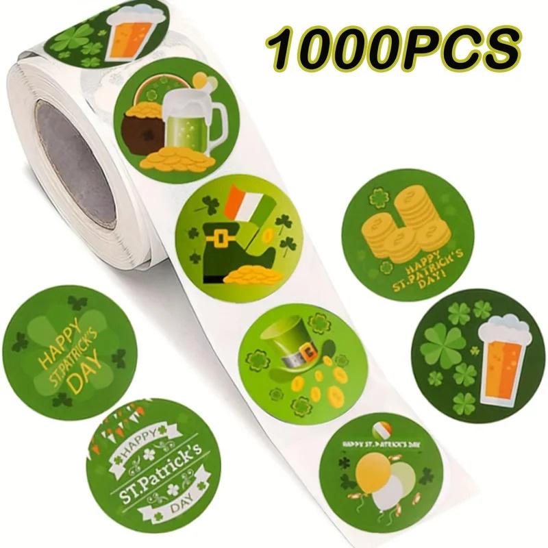 St Patricks Day Green Round Adhesive Sticker Roll 1000PCS Glassine Paper Sealing Labels For Cupcake Beer Mug Gift Packaging Party Decoration Use