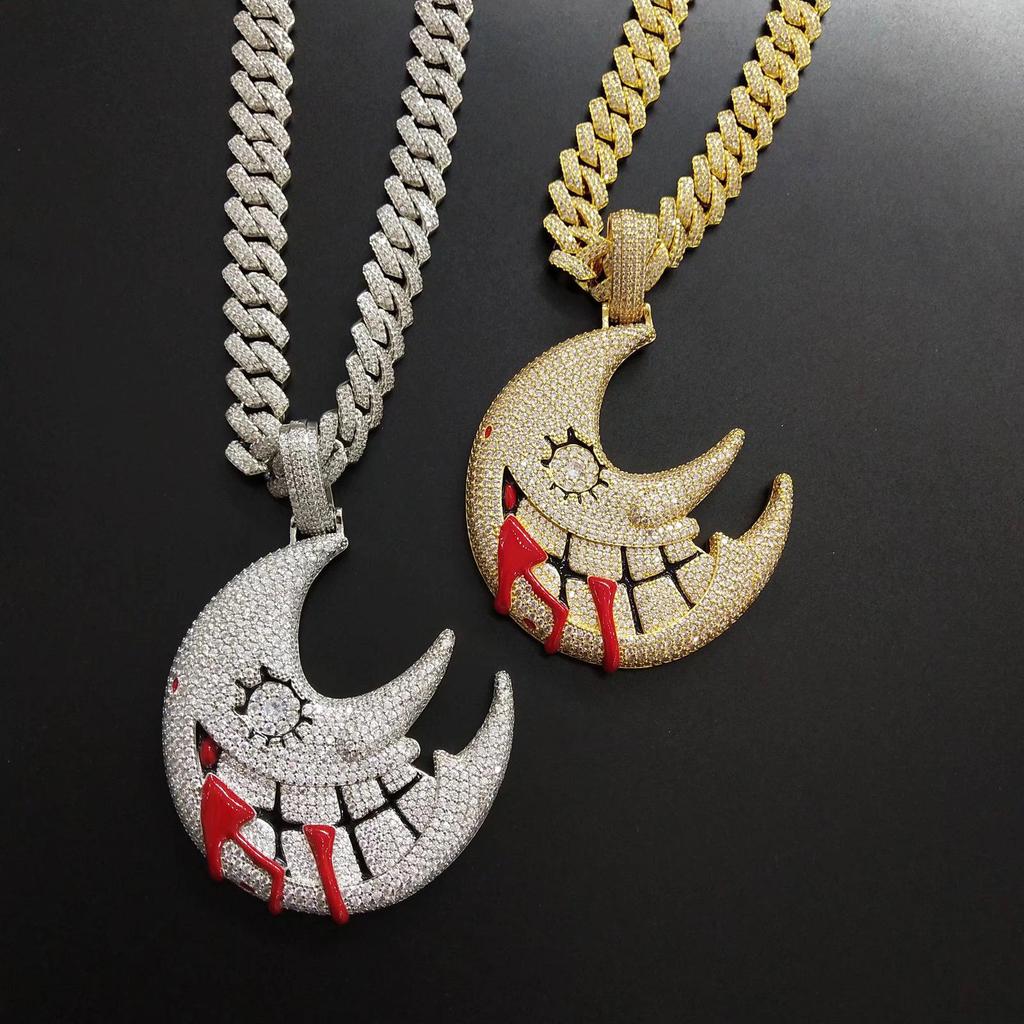 European & American Moon Pendant: Gold-Plated, Zirconia, Exaggerated Cuban Chain