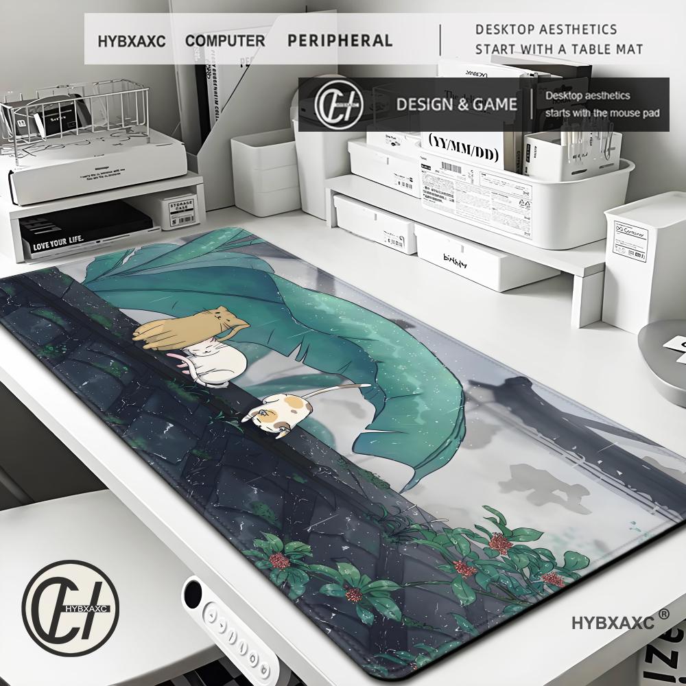 Lofi Cat Green Plant Gaming Mouse Pad PC Accessories NonSlip Waterproof Rubber Keyboard Table Mats for Office Laptop Home Desk