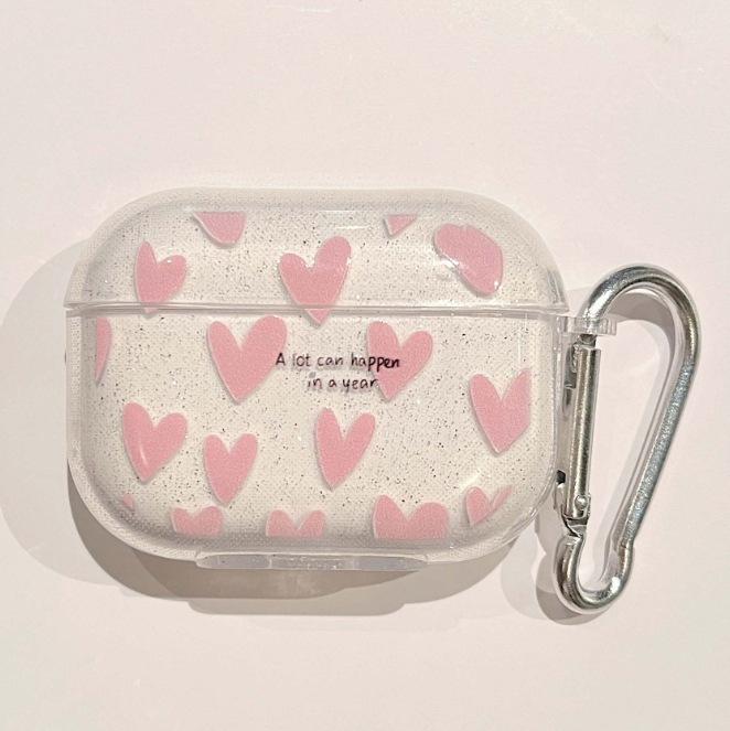 Earbuds Case with 3 Hearts Design and Keychain Charm, Protective Cover for Wireless Earphones