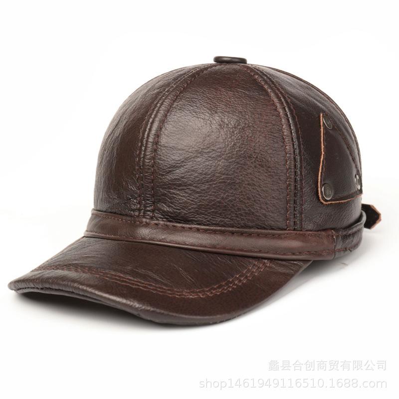 Korean Genuine Leather Cap - Autumn Winter Warm Cowhide Baseball Hat with Ear Flaps, Middle Aged Men Outdoor