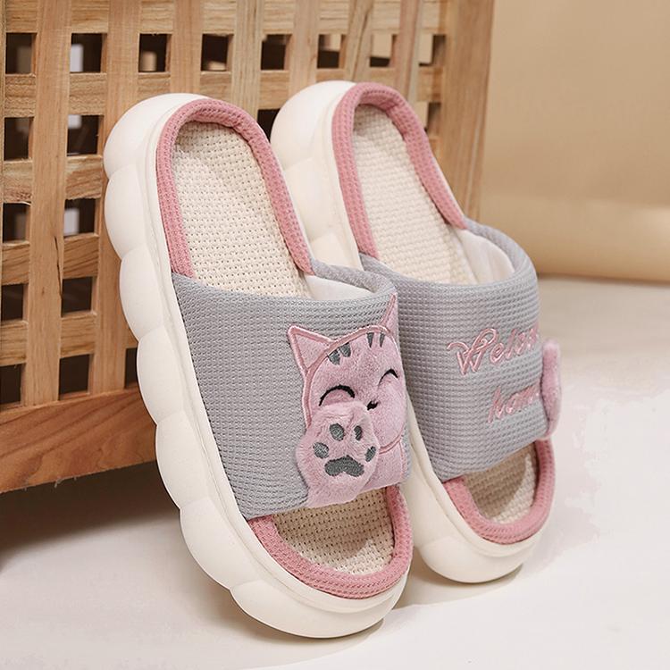 Linen Casual Slippers Women House Platform Cute Cartoon Cat Designer Shoes Girls Flat Elegant Footwear Indoor Large Size