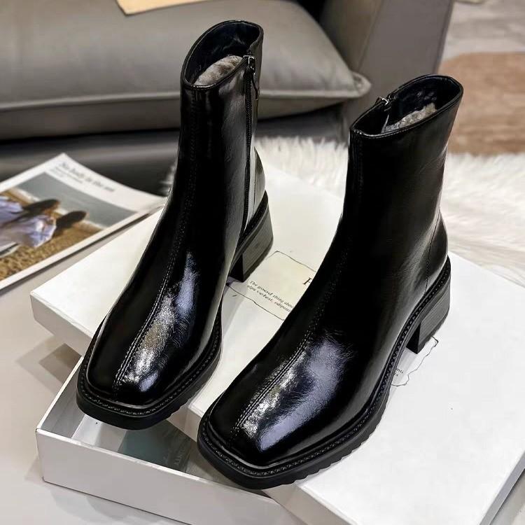 Square head soft-soled velvet thermal short boots women's autumn and winter new thick-soled thick-heeled Martin boots
