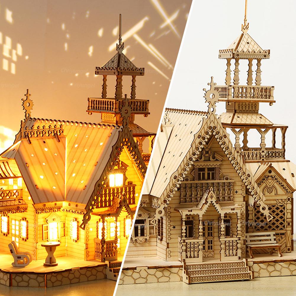 DIY Villa 3D Wooden Model Kit with Light Castle Puzzles Assembly Toy Kid Adult DIY Model Kits Desk Decoration for Gift