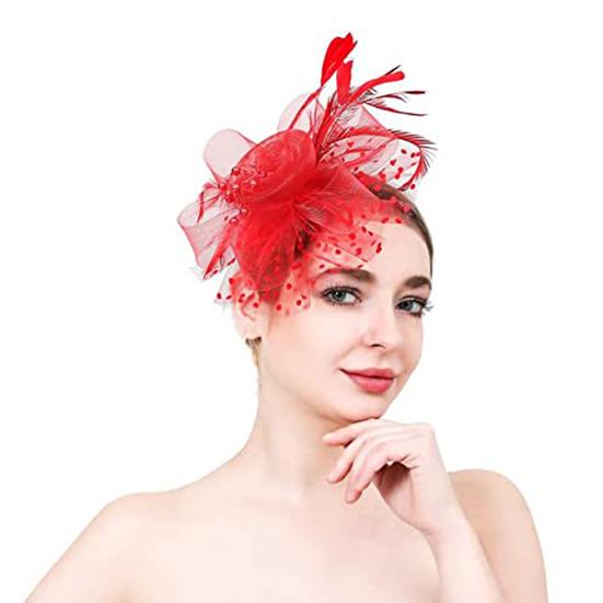 Party Fascinator Hat Mesh Feather Flower Decor Headdress Wedding Headgear Faux Pearl Stage Performance Head Decor Hat Bridal Hair Accessories