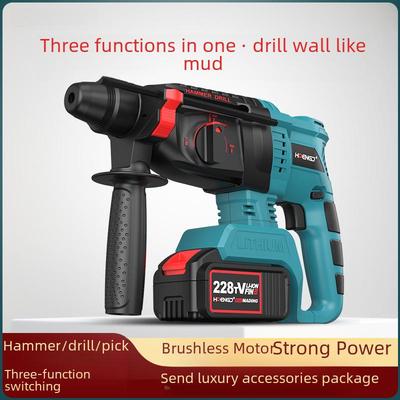 21V Brushless Cordless Electric Hammer Drill, Dual-Use Lithium Impact Drill for Concrete, Heavy-Duty Round Handle Electric Pick