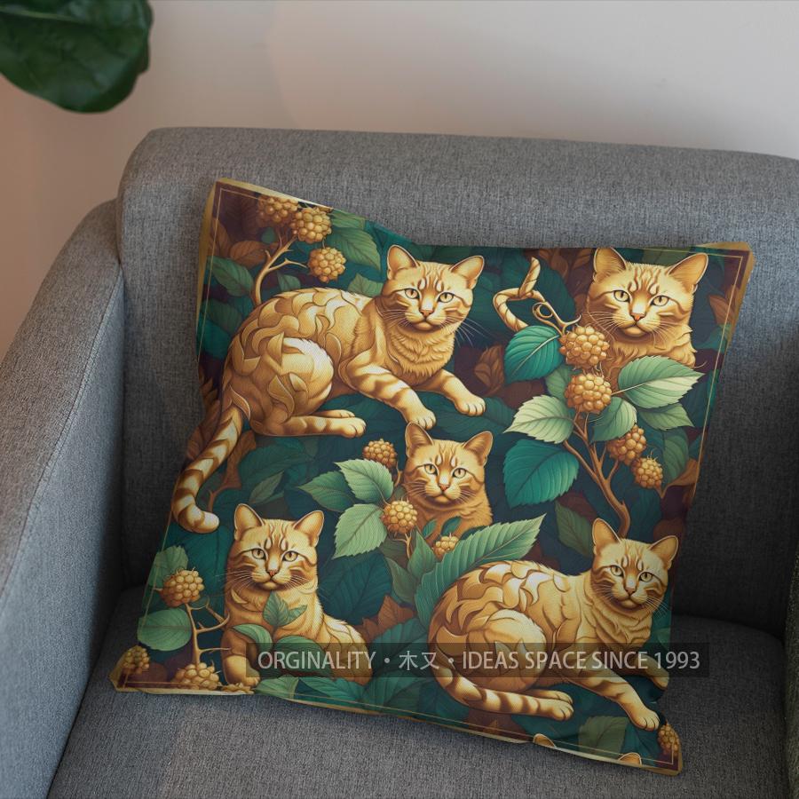 2D Golden Cats With Vine And Flowers Pillow Cover Pattern Cushion Cover Suitable For Sofa Bedroom Car Pillow Cover