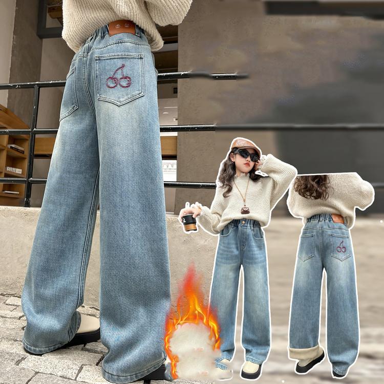 Kids Winter Thermal Patches Jeans Cherry Girls Loose Straight Insulated Denim Trousers Children Warm Fleece Pants