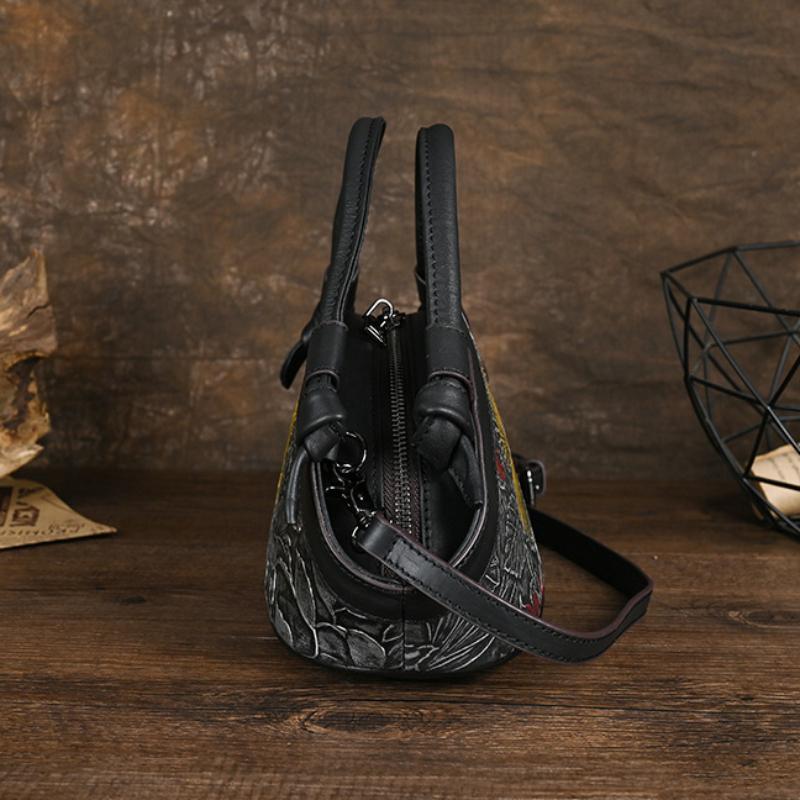 Johnature Retro ručně malovaná pravá kůže embosovaná dámská taška Univerzální tašky přes rameno a crossbody z hovězí kůže