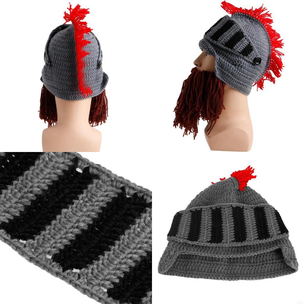 

Cosplay Tassel Roman Knight Knit Helmet Men Caps Winter Warm Beard Hats X3UC хаки