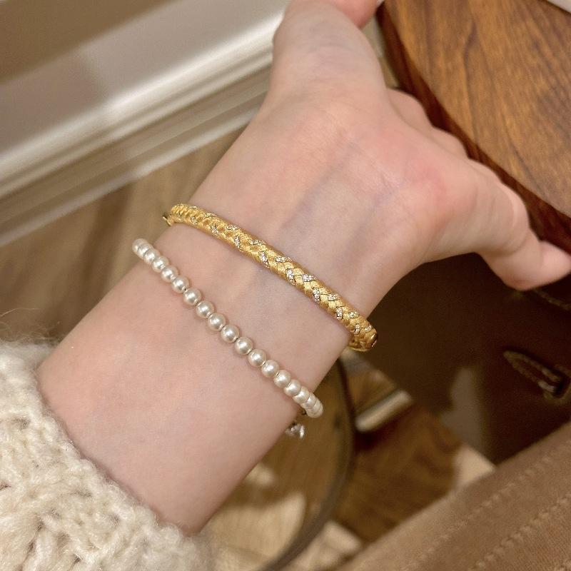 French Retro Italian Brushed Wheat Ear Woven Bracelet With Diamonds Light Luxury Exquisite Versatile Chinese Bracelet