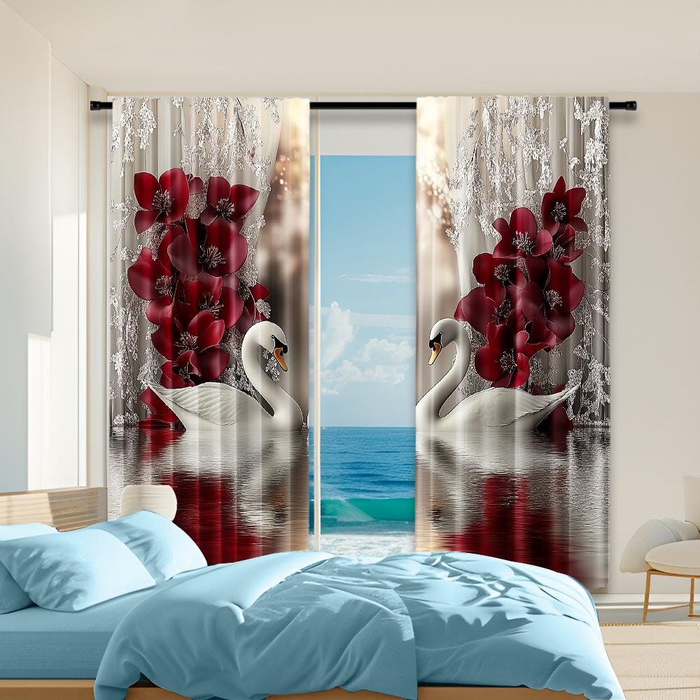 

Set Of 2 Digital Printed Window Curtain Swan Flower Pattern Drapes Bedroom Living Room Home Decor Design Curtains Made Polyester Treatment W100*H70(CM)-Grommet top&2PCS