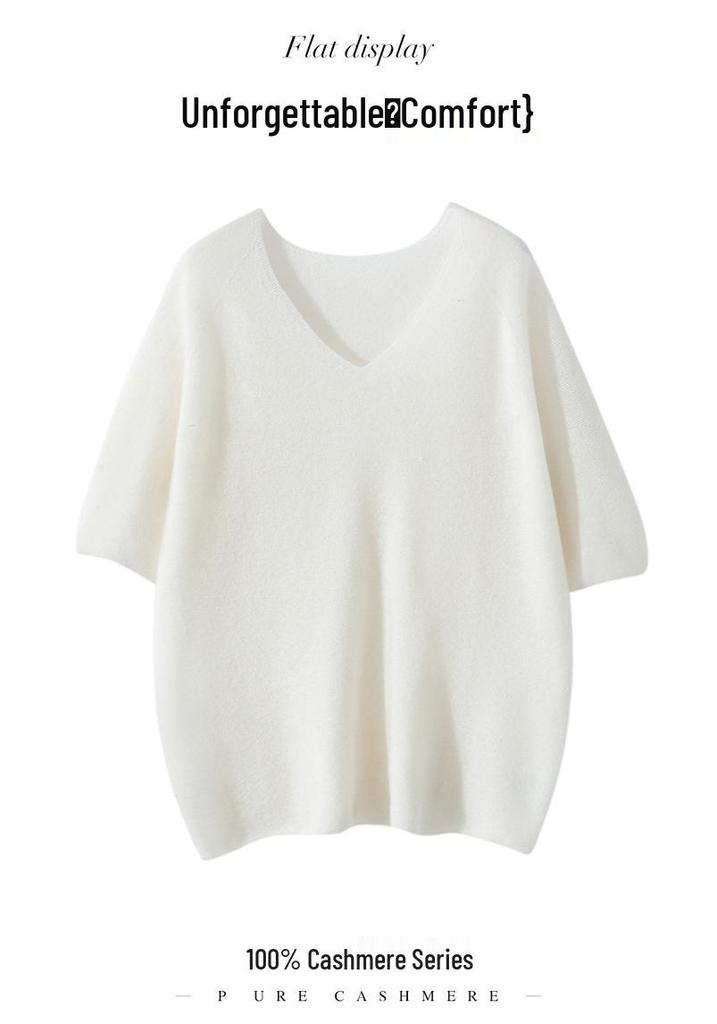 25 Early Autumn Women's V-neck Short Sleeve 100% Pure Cashmere Sweater with Gold Thread Dots - Chic and Versatile