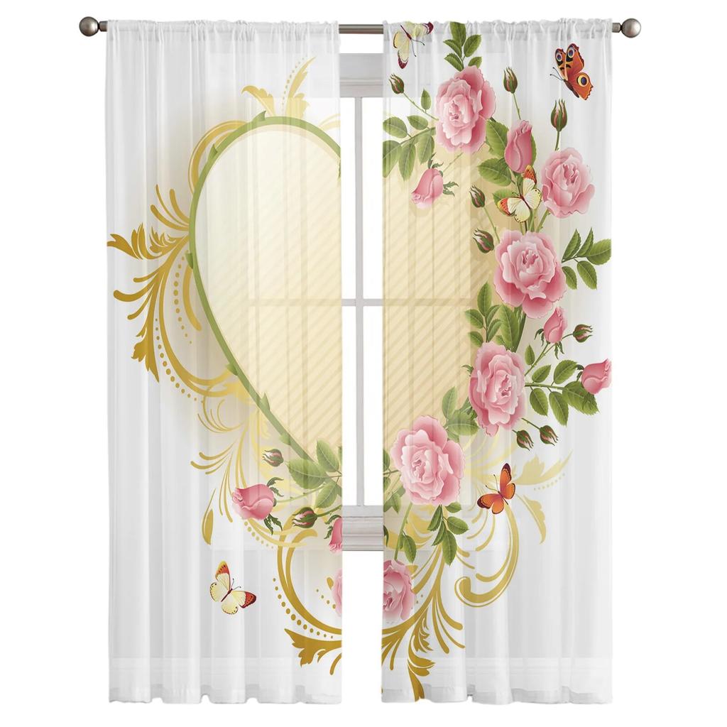 Love Pink Rose Butterfly Sheer Curtains for Bedroom Living Room Voile Window Curtains Tulle Curtains for Kids Room