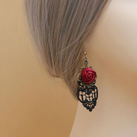 1 Pair Vintage Gothic Vampire Halloween Black Lace Red Flowers Dangle Earrings