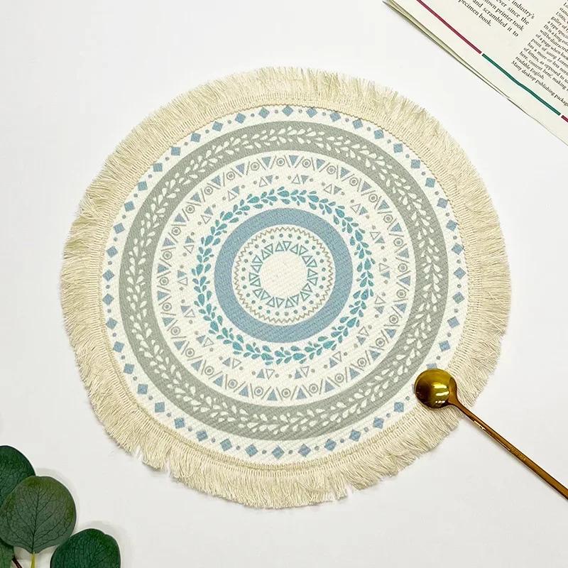 

Round Table Mat Woven Ramie Placemats Anti Slip Dining Table Mats Non-Slip Tableware Bowl Pads Kitchen,Bohemian Placemat 16x16cm