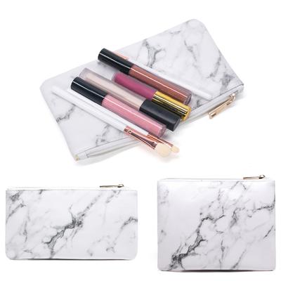 Travel Flat Marble Pattern Makeup Cosmetic Bag Faux Leather Toiletry Pencil Case