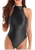 Shiny High-Cut Swimsuit: Glossy European & American Dance Leotard, High Elasticity, Silky Hip-Hugging, High Neck Sleeveless Design.