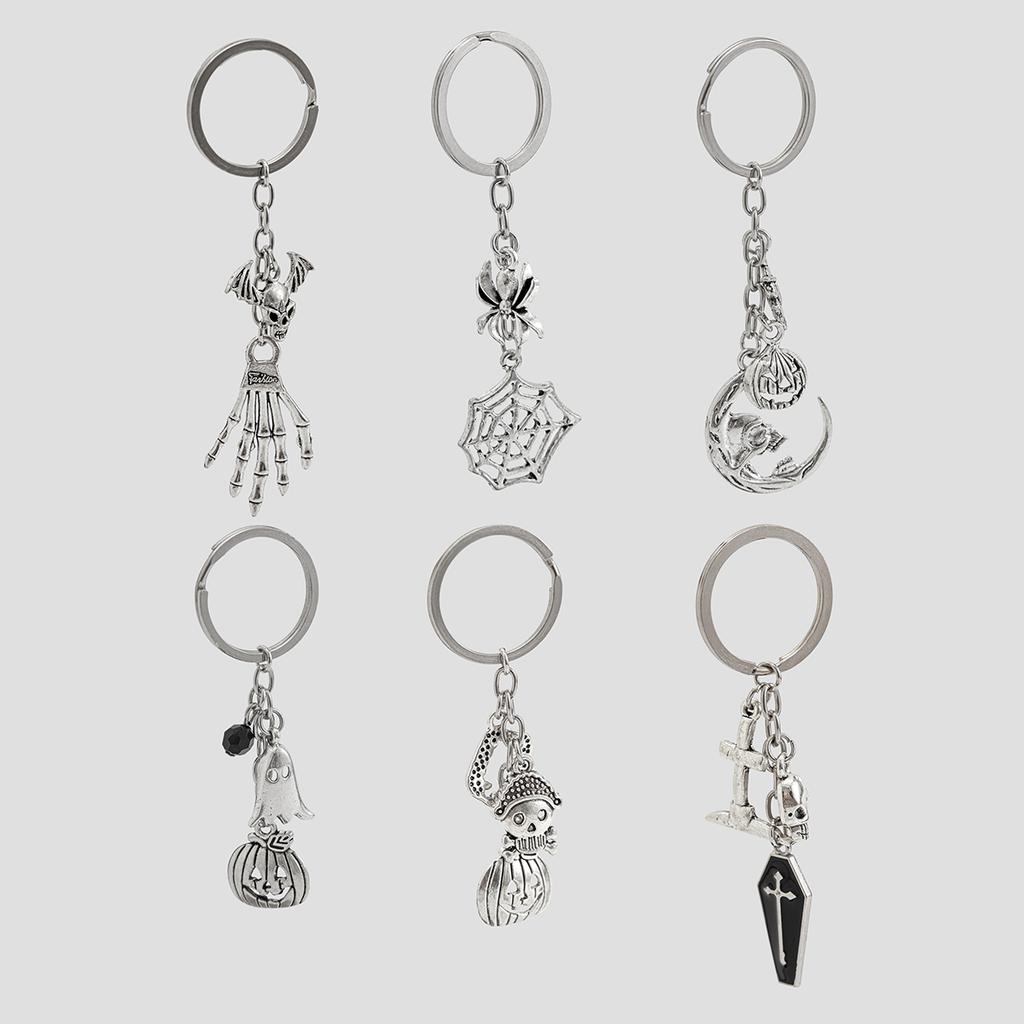 SHIXIN 6Pcs/Set Gothic Cross Pumpkin Head Ghost Pendant Key Ring Women Men Skull Claw Keychain New Halloween Pendant Accessories