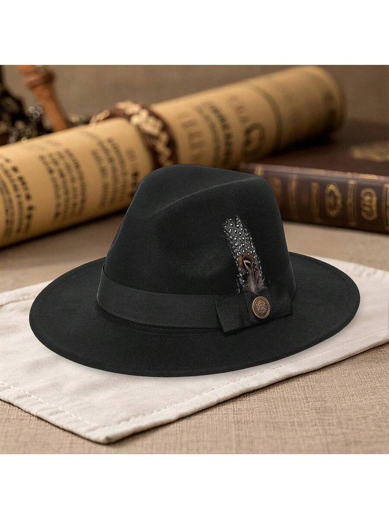 Elegant Wide Brim Fedora Hat With Feather And Belt For Party Festival