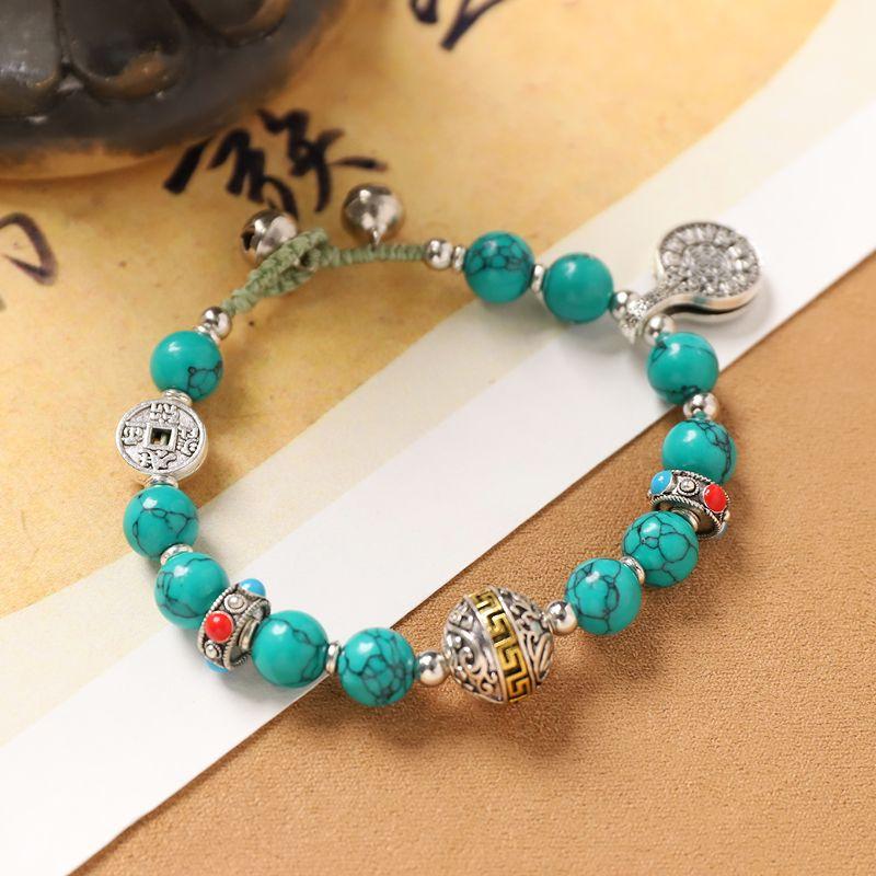 

Новый китайский этнический стиль ретро браслет дизайн по интересам тибетский экзотический стиль мужской ремешок для ношения натуральный камень плетеный браслет женский 7-Greenstone turn beads