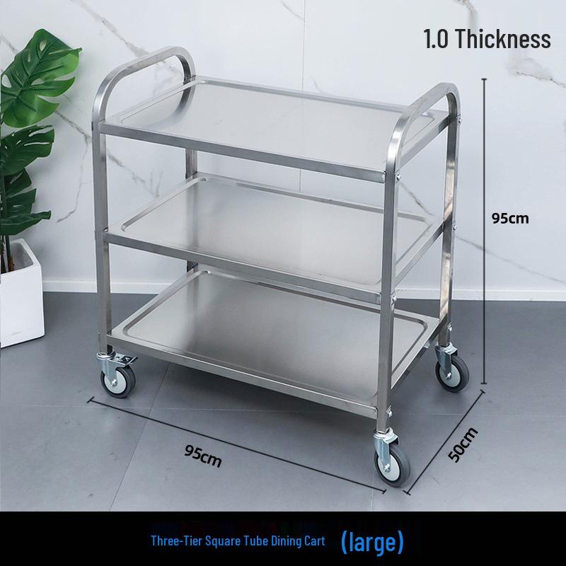 Three-tier Stainless Steel Service Cart: Meal, Food, Beverage, and Dish Collection Trolley for Restaurants and Hotels.