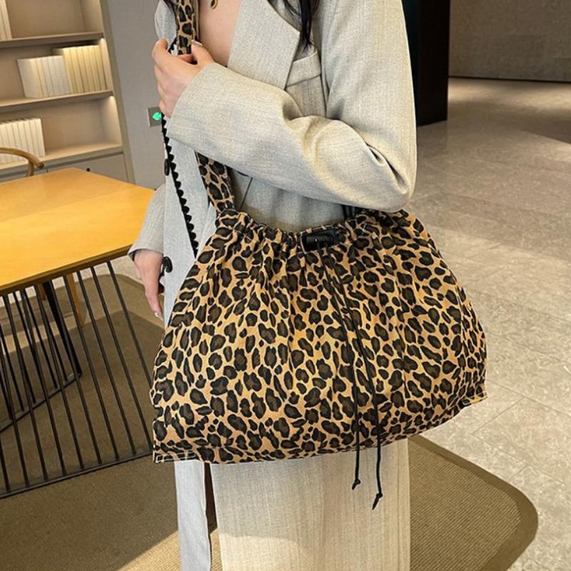 Leopard Print Large Capacity Crossbody Bag Cotton Casual Handbag Soft Multi-functional Popular Shoulder Bag