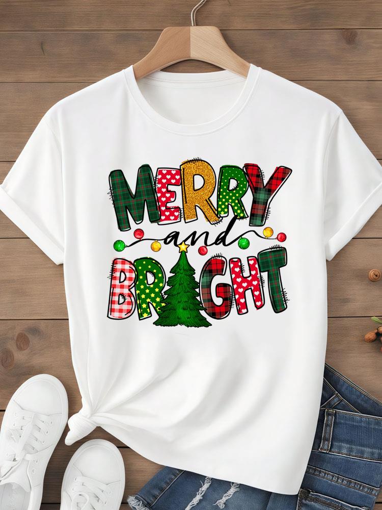 (Asian Size)sweet tree Tee Top festival  Merry Christmas New Year Holiday Women Print Lady Short Sleeve Fashion Graphic T-shirts