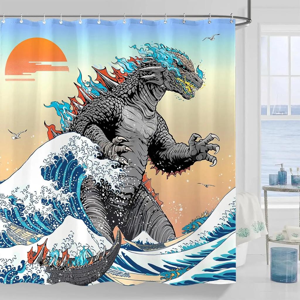 Funny Dinosaur Shower Curtain Fun Cool Japanese Monster Shower Curtains for Bathroom Kids Boys Cartoon Dino Silhouette Shadow