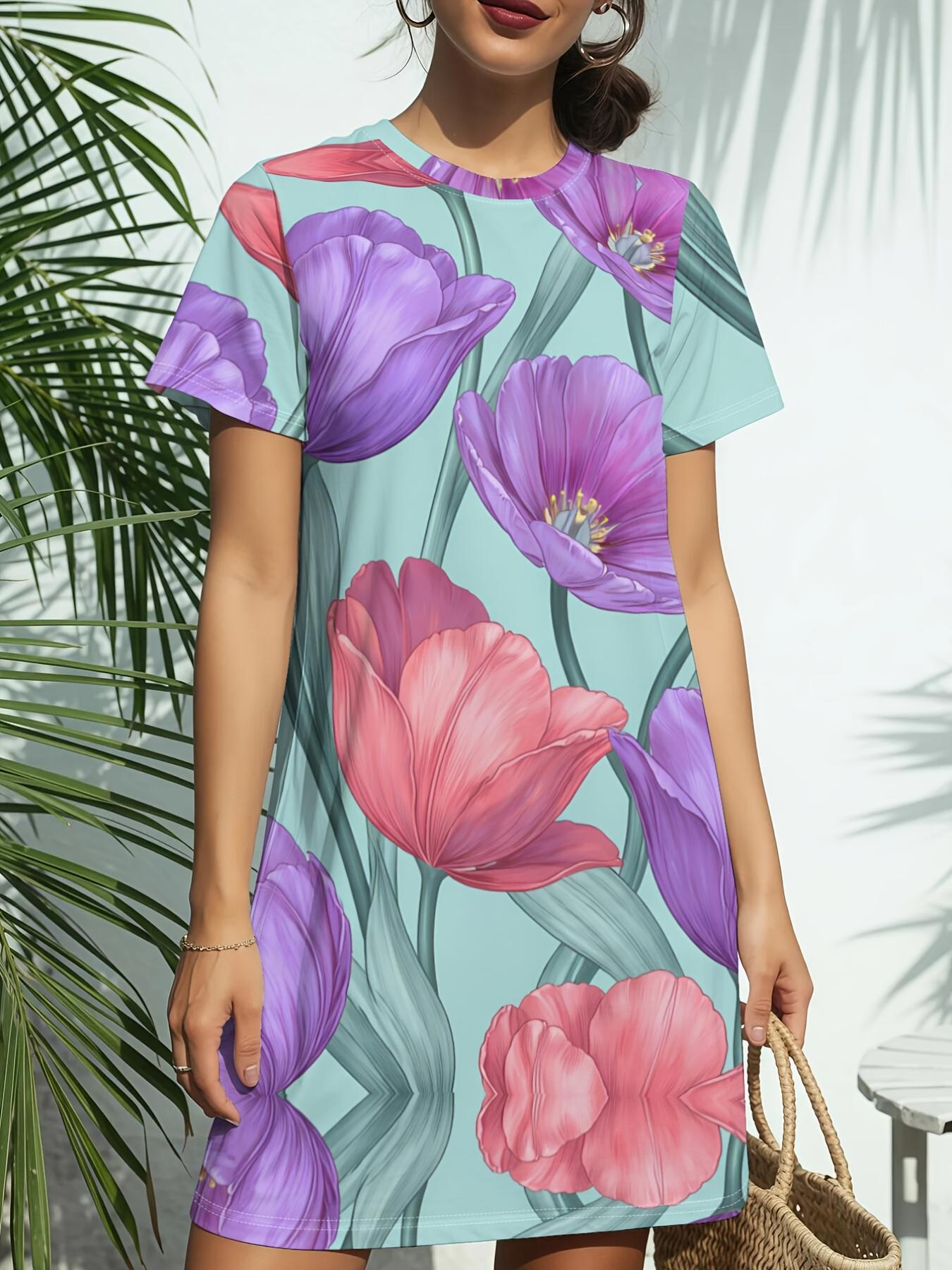 

Women s Short Sleeve T-Shirt Dress with Tulip Print Round Neck Short Sleeve Dress - Casual American Style -Line Dress Suitable for Daily Wear. Dates. 8XL дубильная кора