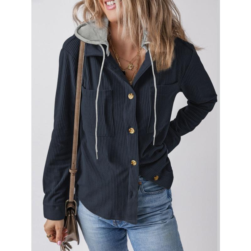 Women S Plus Size Solid Color Hooded Button Long Sleeve Casual Jacket