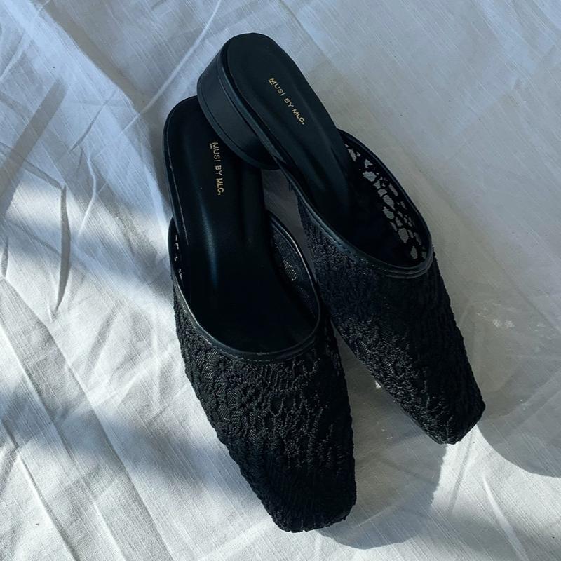 Mesh Hollow Slippers Women Heeled Sandals Square Toe Lace Shoes Casual 2025 Trend Chunky Mules Summer Dress Woman Comfort Slides