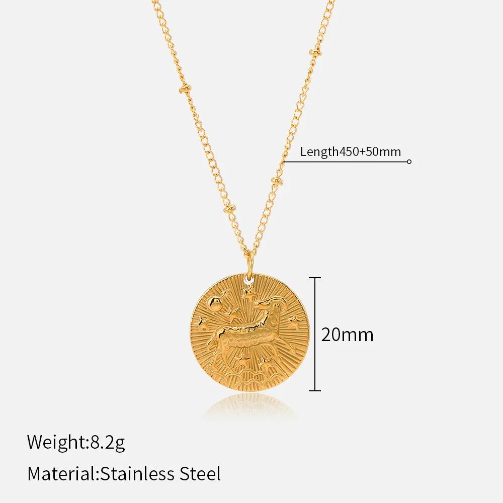 

Fashion Zodiac Signs Stainless Steel Pendant Necklace for Men Women Luxury Twelve Constellations Embossed Clavicle Chain Jewelry