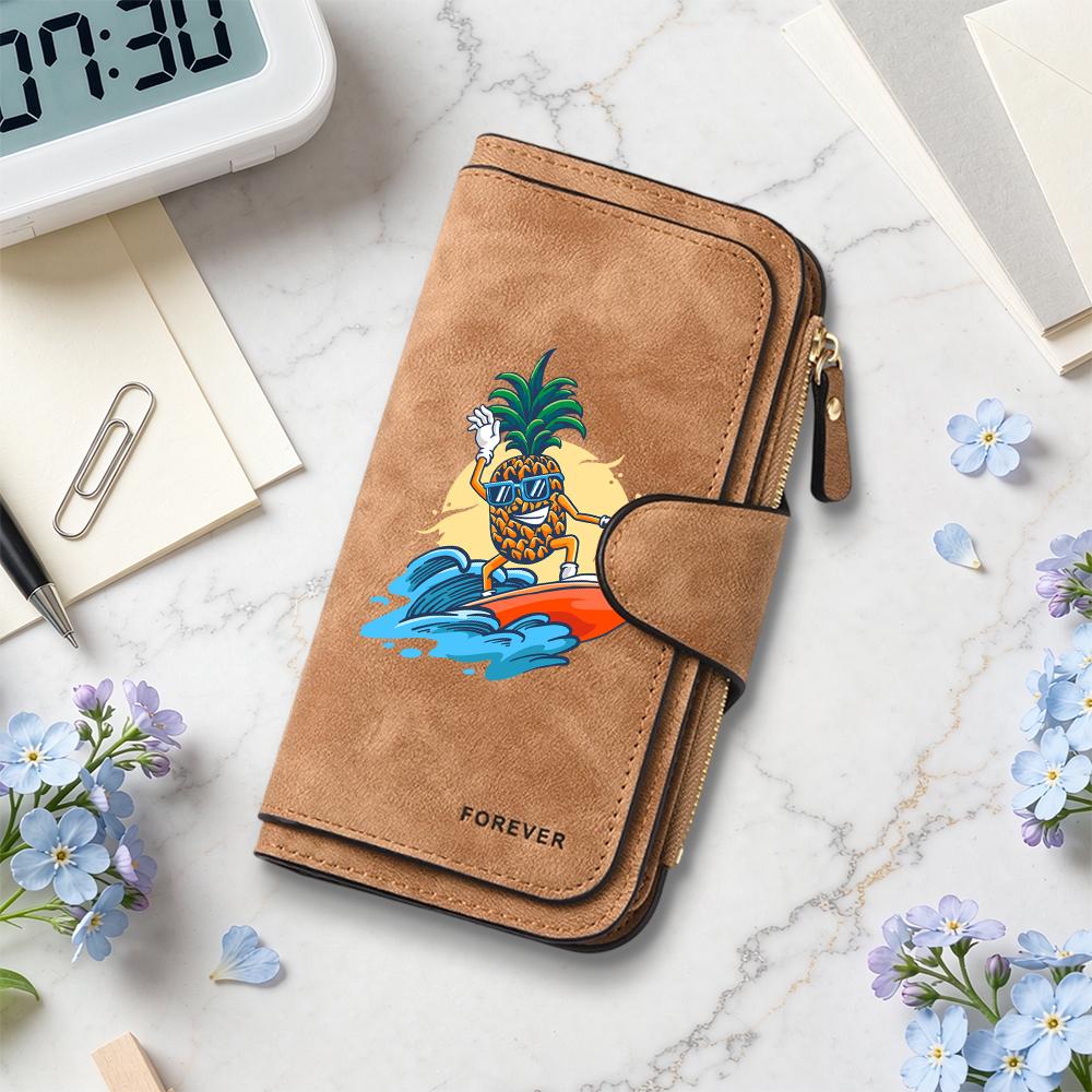 Cute Pineapple Surfing Printed Wallet Casual Card Holder Durable Portable Multipurpose Fashion Trendy Daily Use Purse