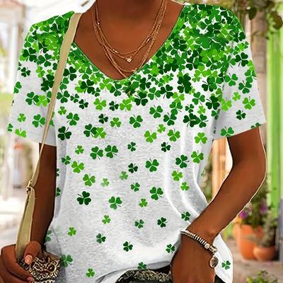 Clover Print T-shirt, Casual Short Sleeve V Neck Top For Spring & Summer, Women's Clothing