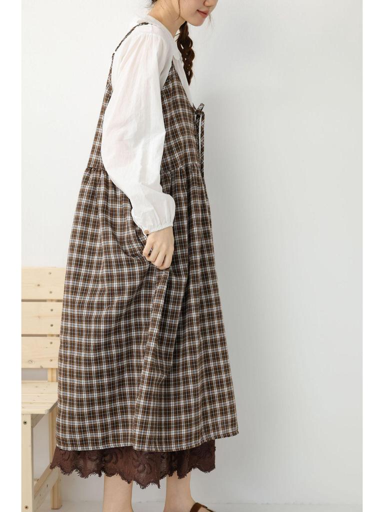 2026 Spring/Summer Mori Girl Lace-up Plaid Maxi Dress - Versatile Layered Camisole Skirt