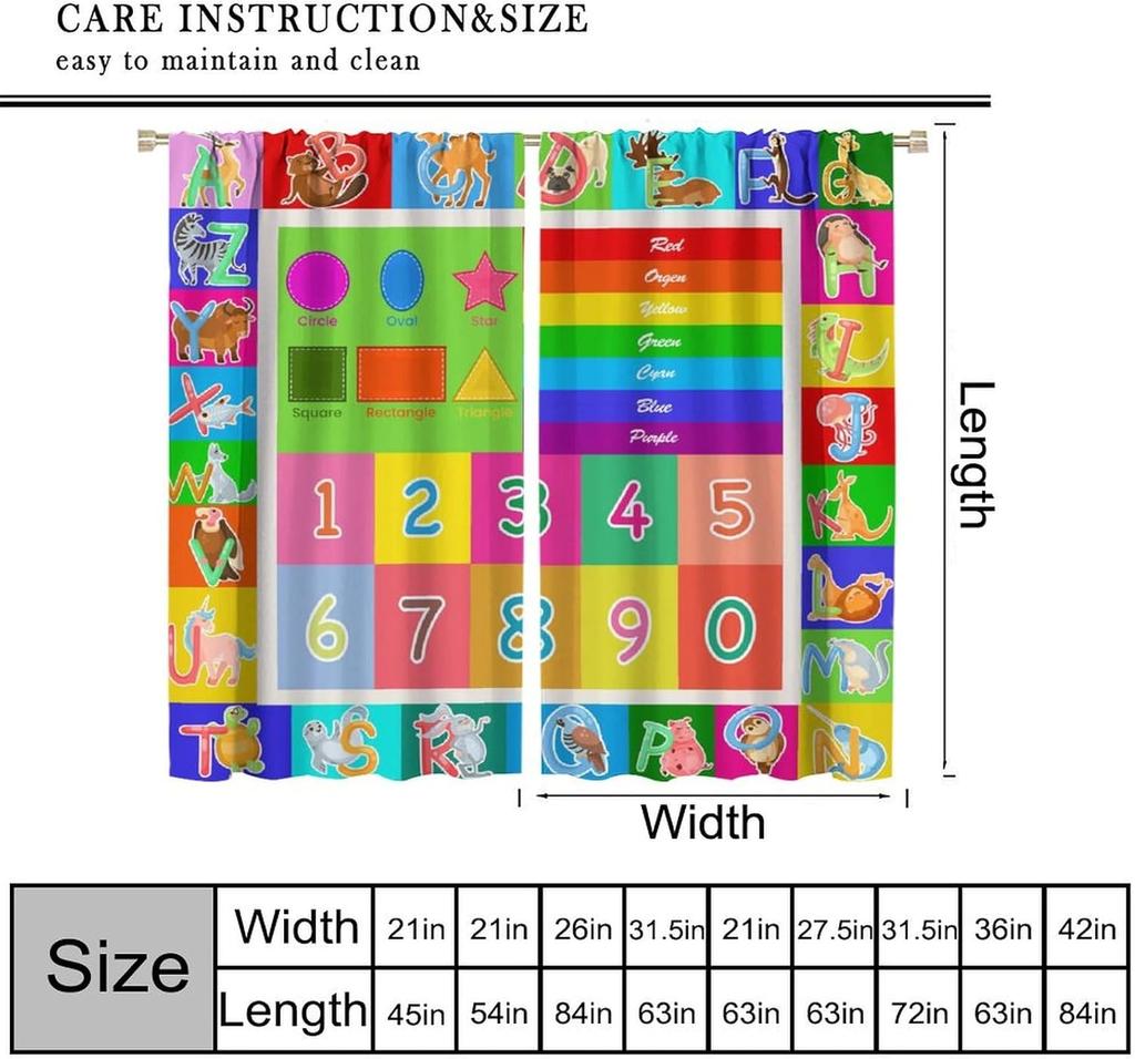 Abc Alphabet Curtains, Cartoon Toddler Colourful Animals Numbers Colours Classroom Learning Windows Treatments Drapes For Kids