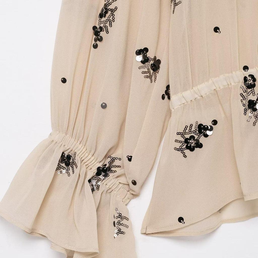 2025 Winter European & American Fashion: Versatile Semi-Transparent Sequin Long-Sleeve Shirt