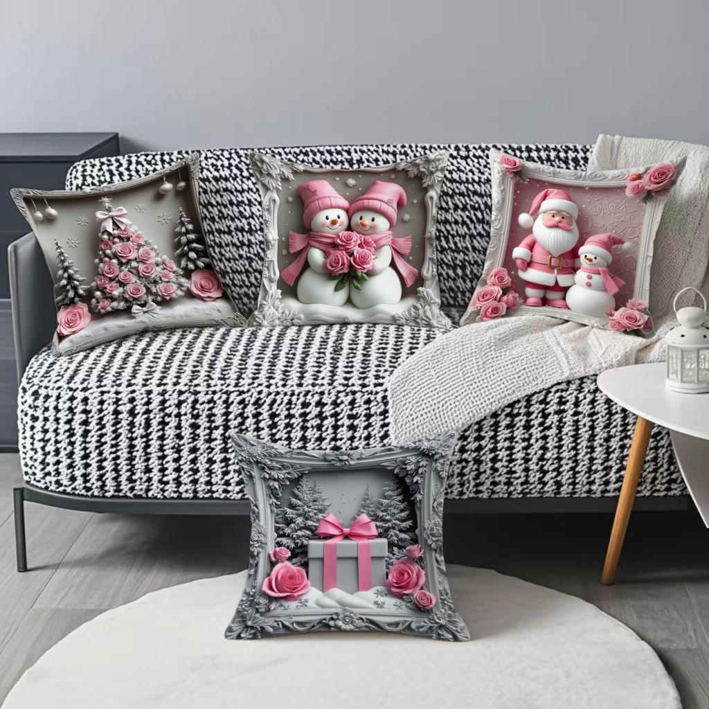 New Pink Christmas Pillow Cover Santa Claus Snowman Print Festive Decorative Cushion Case for Sofa Bed Holiday Home Decor