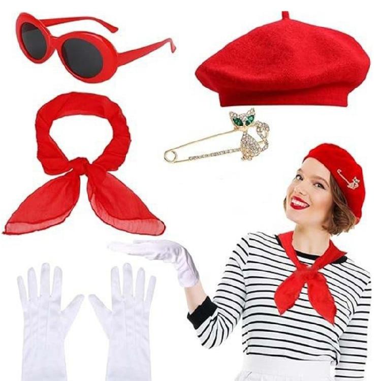 Doplňky ke kostýmu z 80. let Zahrnuje sluneční brýle Baret Klobouk Náušnice ve tvaru srdce Šátek a Pár rukavic pro ženy Halloween