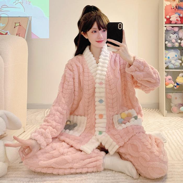 Women’s Winter Coral Fleece Pajama Set - Long Sleeve Flannel Cardigan, Thick Warm Plus Size Home Wear