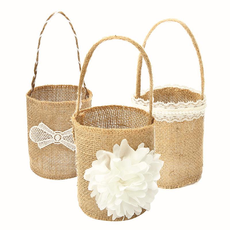 Wedding Lace Burlap Flower Basket Linen Handle Vintage Flower Basket Rustic Wedding Ceremony Lace Satin Flower Basket