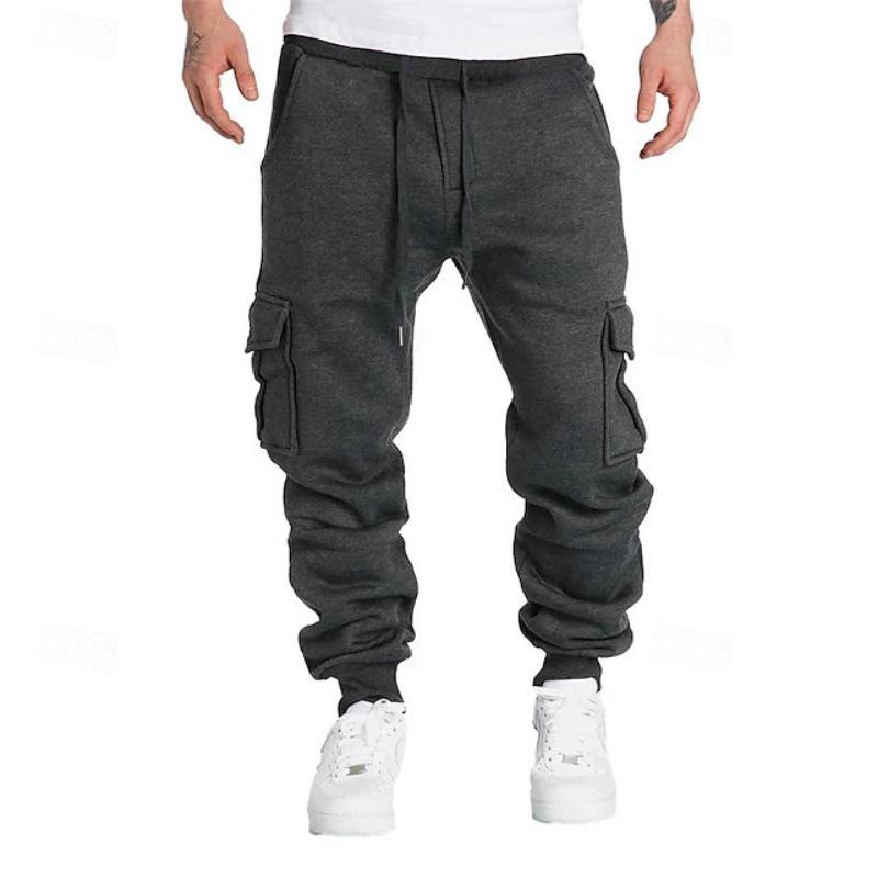 Mens Retro Casual Cargo Pants Loose Multi Pocket Drawstring Long Trousers