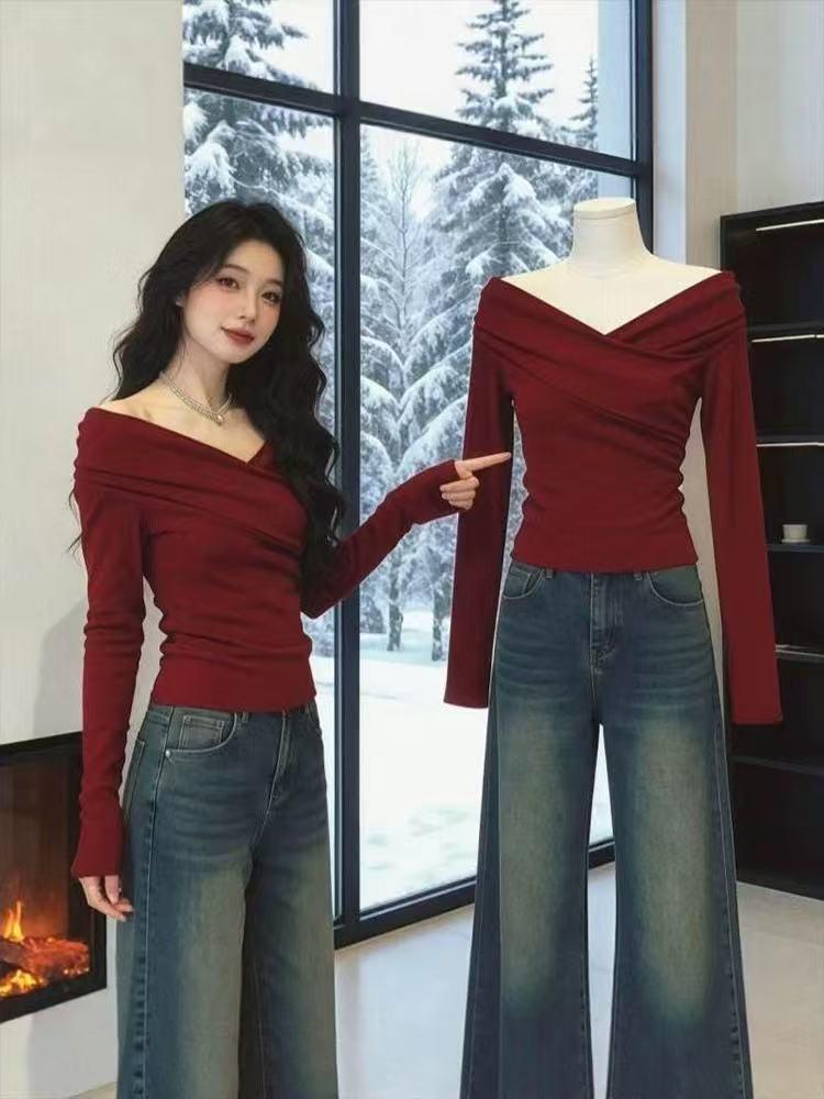 Women s French Retro Red Off-Shoulder Long-Sleeve V-Neck Base Layer Top S [80-95] красный