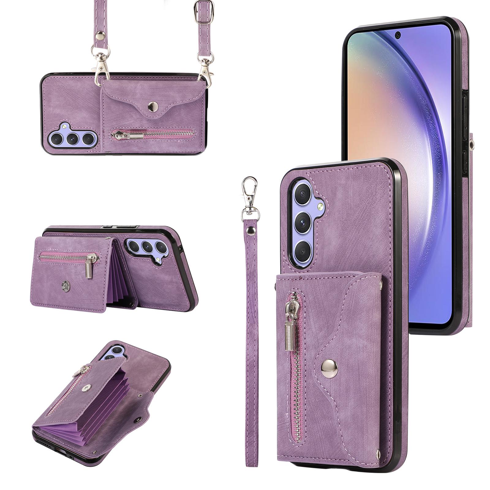 

For Samsung Galaxy A25 5G (Global) (161.0mm) Case PU Leather+TPU RFID Blocking Card Slots Phone Cover with 2 Straps Purple
