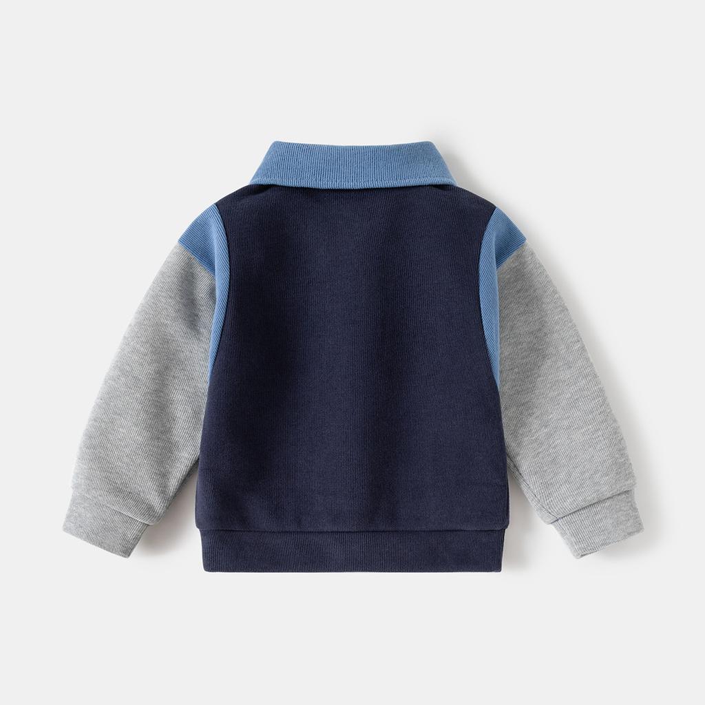 Boys Sweatshirt Jacket Spring Autumn Color Block Patchwork Long Sleeve Embroidered Collar Top for Kids
