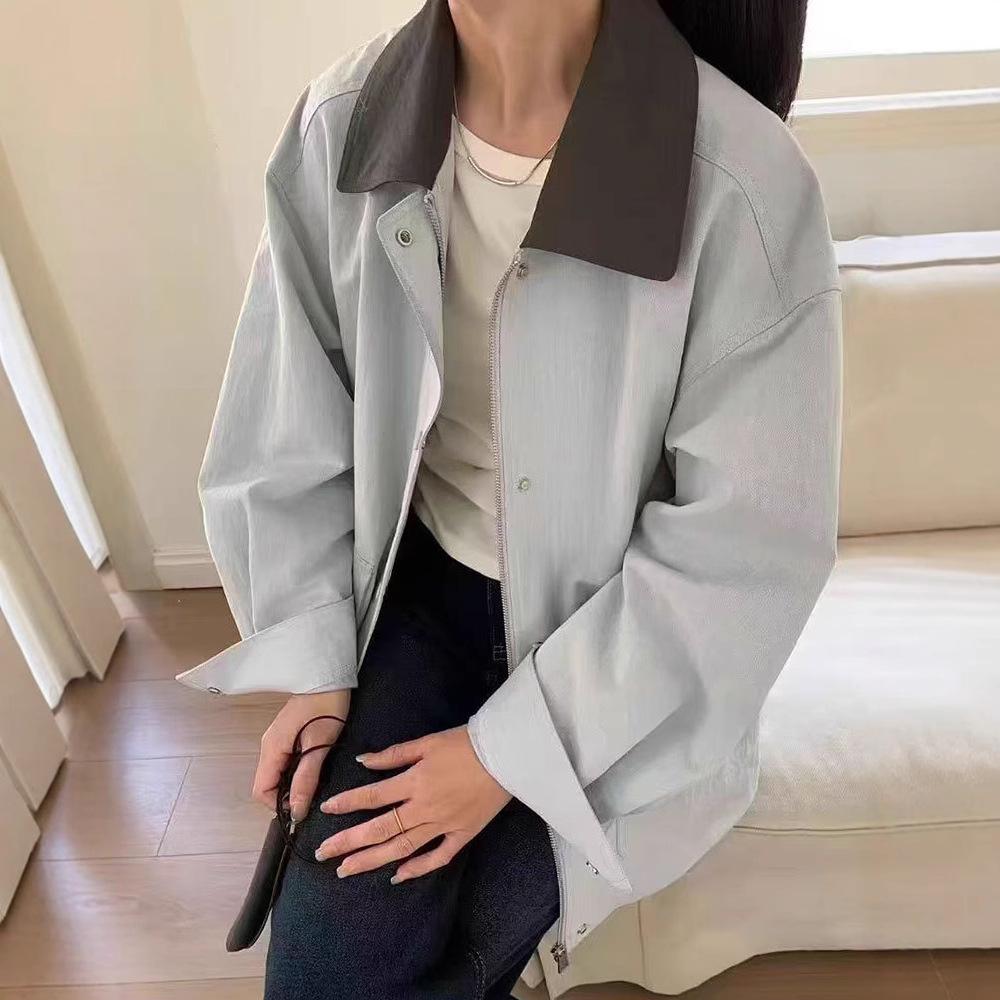 

2025 Retro Color Block Lapel Mid-Length Trench Coat for Women XL